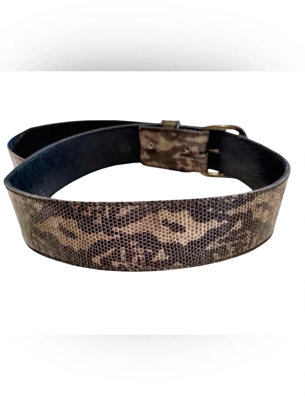 Women’s Python Camo-Styled Leather Belt. Green, Black. 33” x 1.5”
